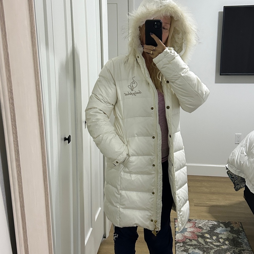 Y2K Baby Phat White Long Down Puffer Jacket Faux Fur Hood |Size Large - Picture 3 of 17